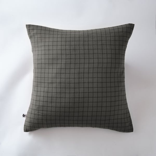 Taie d'oreiller 60x60 cm Gaze de coton Gaïa à petits carreaux Granit