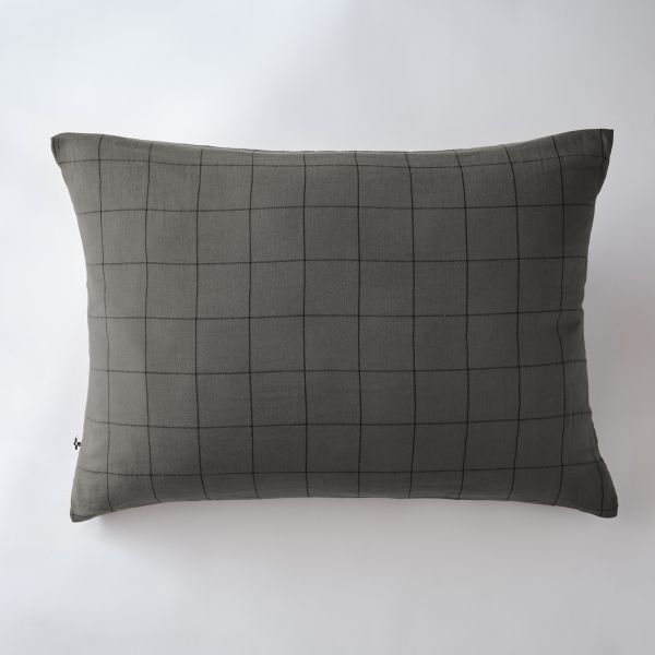 Taie d'oreiller 50x70 cm Gaze de coton Gaïa à grands carreaux Granit