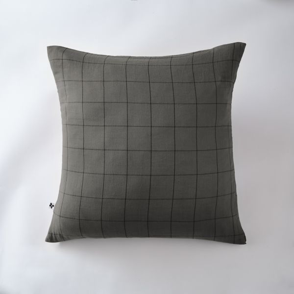Taie d'oreiller 60x60 cm Gaze de coton Gaïa à grands carreaux Granit
