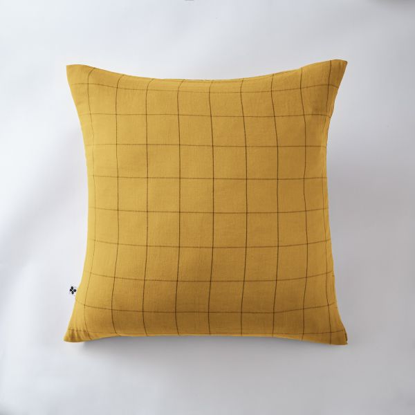 Taie d'oreiller 60x60 cm Gaze de coton Gaïa à grands carreaux Safran