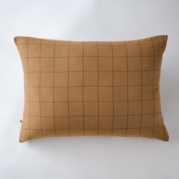 Taie d'oreiller 50x70 cm Gaze de coton Gaïa à grands carreaux Camel