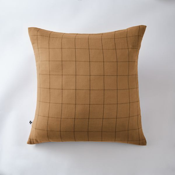 Taie d'oreiller 60x60 cm Gaze de coton Gaïa à grands carreaux Camel