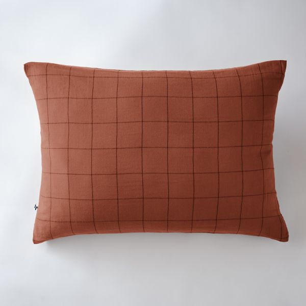 Taie d'oreiller 50x70 cm Gaze de coton Gaïa à grands carreaux Terracotta