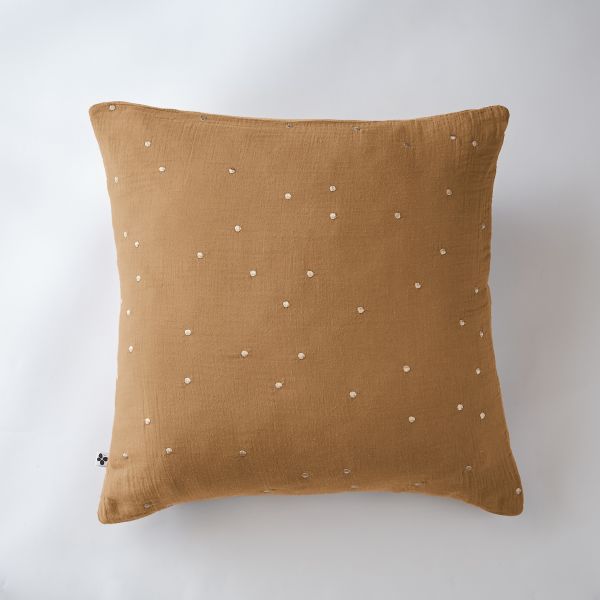 Taie d'oreiller 60x60 cm Gaze de coton Gaïa à pois brodés Camel