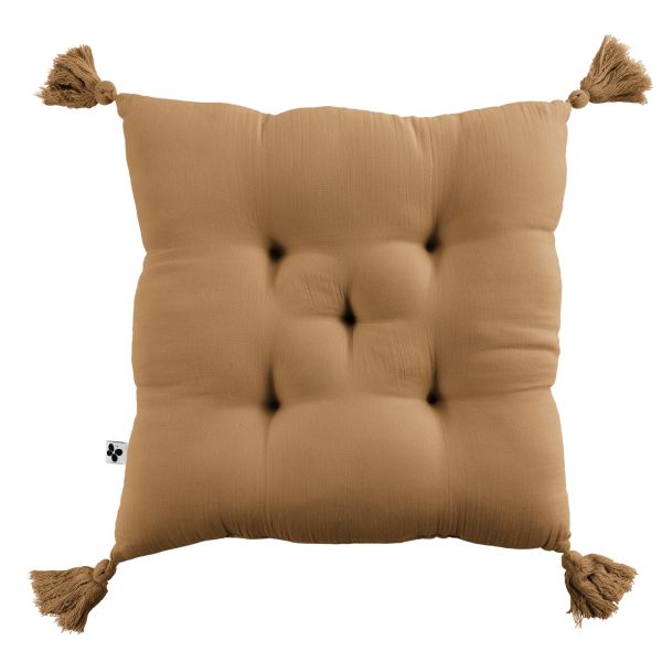 Coussin de chaise 40x40 cm Gaze de coton Gaïa avec pompons Camel