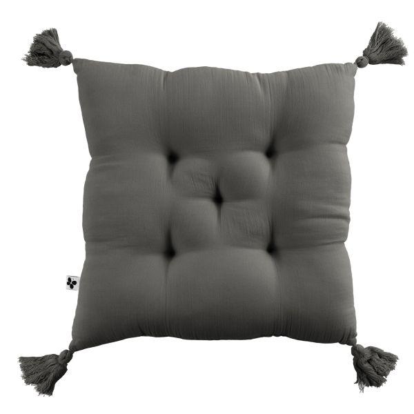 Coussin de chaise 40x40 cm Gaze de coton Gaïa avec pompons Granit