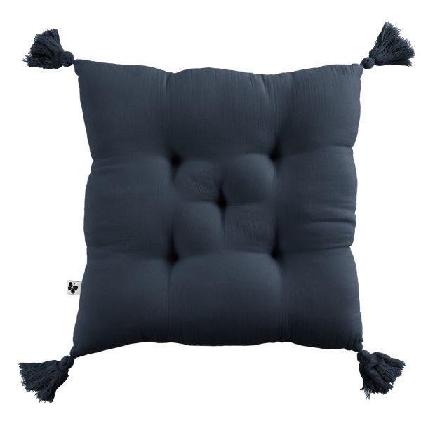 Coussin de chaise 40x40 cm Gaze de coton Gaïa avec pompons Minuit