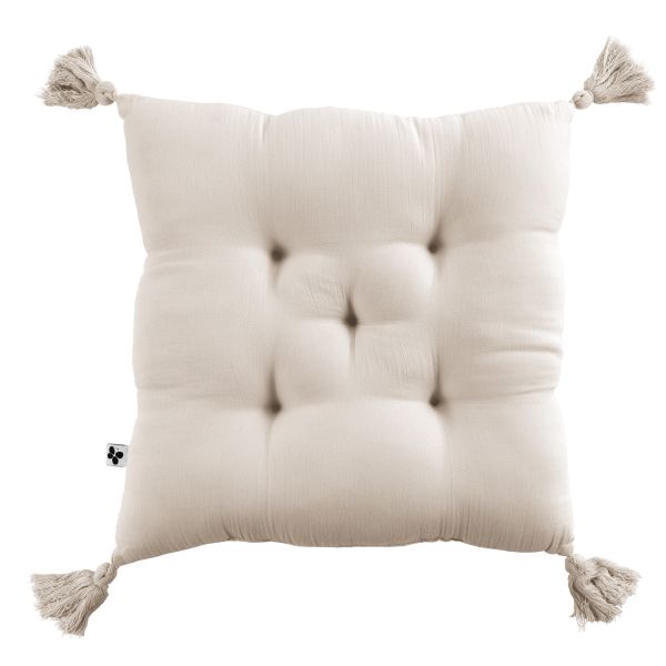 Coussin de chaise 40x40 cm Gaze de coton Gaïa avec pompons Naturel
