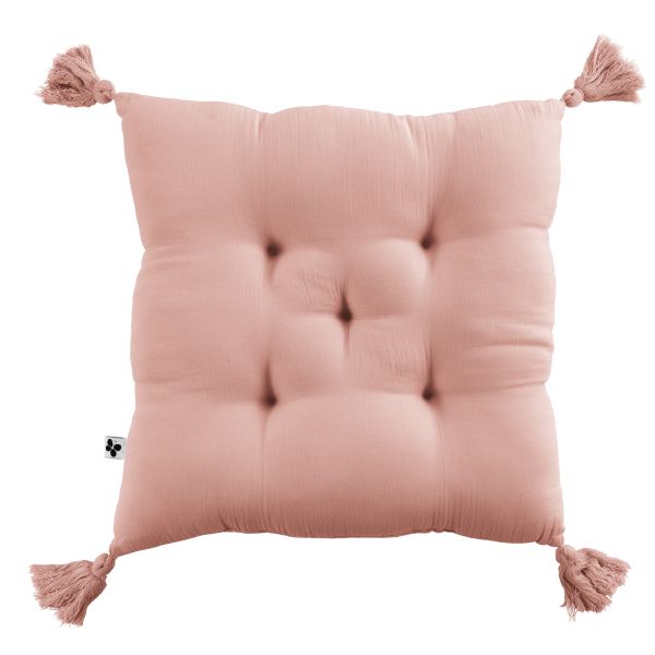 Coussin de chaise 40x40 cm Gaze de coton Gaïa avec pompons Rose