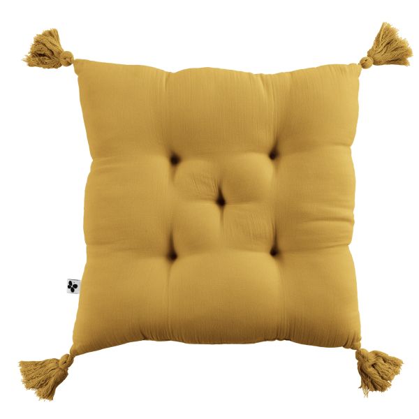 Coussin de chaise 40x40 cm Gaze de coton Gaïa avec pompons Safran