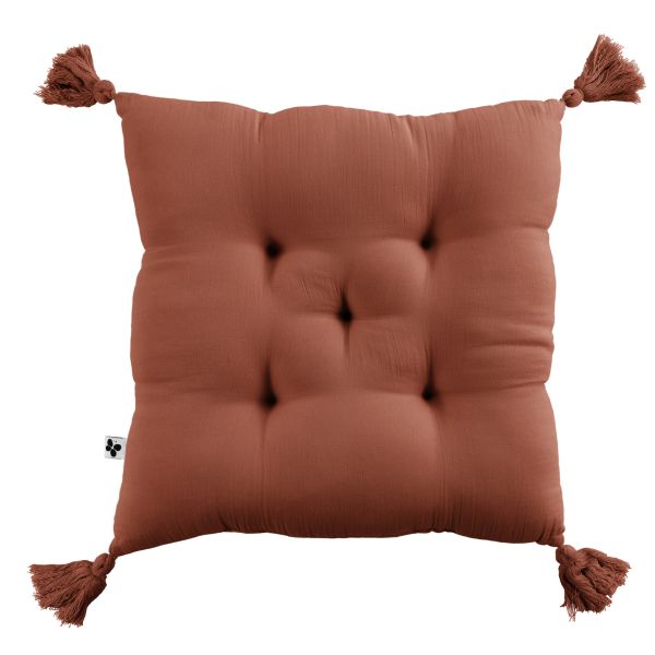 Coussin de chaise 40x40 cm Gaze de coton Gaïa avec pompons Terracotta