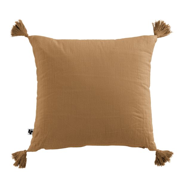 Coussin carré 40x40 cm Gaze de coton Gaïa avec pompons Camel