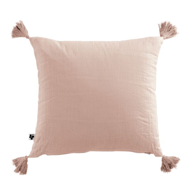 Coussin carré 40x40 cm Gaze de coton Gaïa avec pompons Guimauve