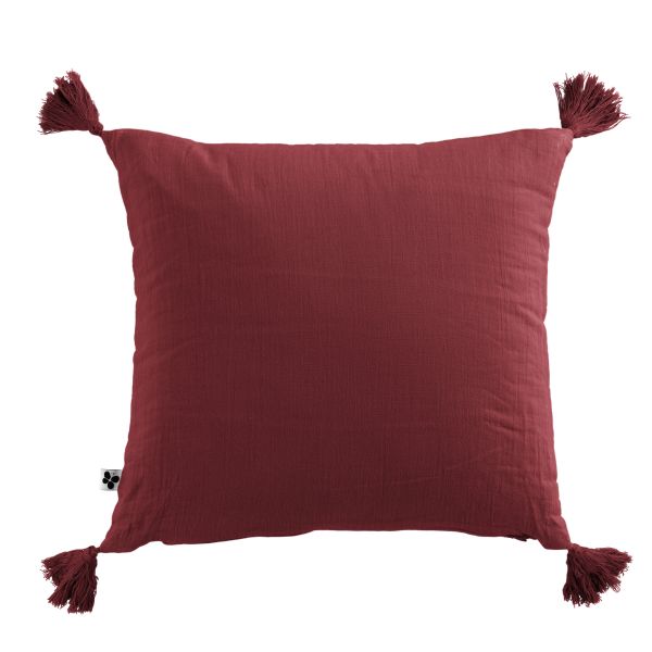 Coussin carré 40x40 cm Gaze de coton Gaïa avec pompons Lie de vin