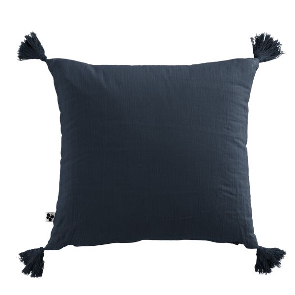 Coussin carré 40x40 cm Gaze de coton Gaïa avec pompons Minuit