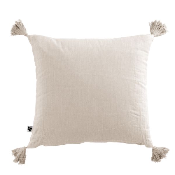 Coussin carré 40x40 cm Gaze de coton Gaïa avec pompons Naturel