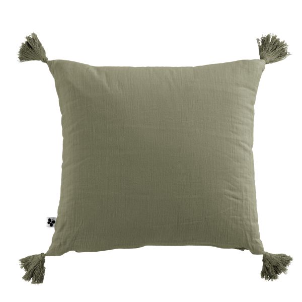Coussin carré 40x40 cm Gaze de coton Gaïa avec pompons Romarin