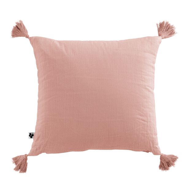 Coussin carré 40x40 cm Gaze de coton Gaïa avec pompons Rose