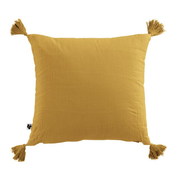 Coussin carré 40x40 cm Gaze de coton Gaïa avec pompons Safran