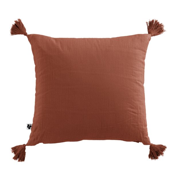 Coussin carré 40x40 cm Gaze de coton Gaïa avec pompons Terracotta