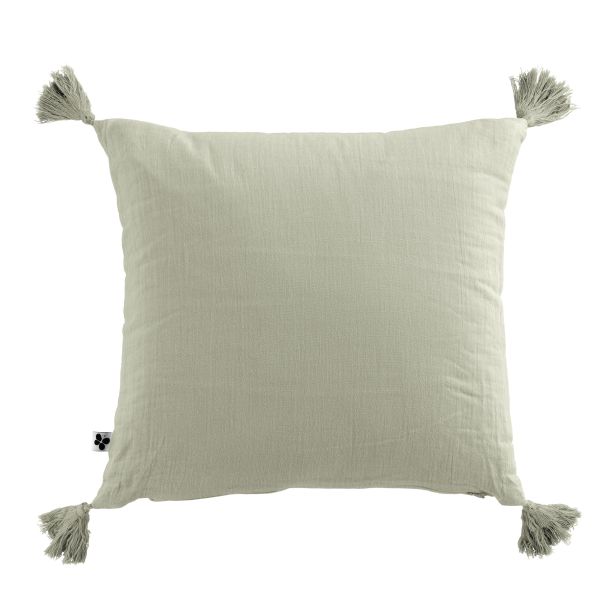 Coussin carré 40x40 cm Gaze de coton Gaïa avec pompons Vert d'eau