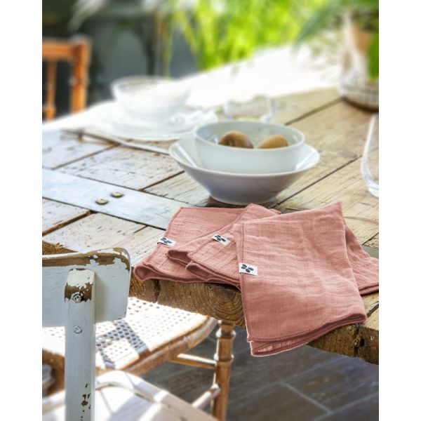 Lot de 3 serviettes 40x40 Gaze de coton Gaïa Rose