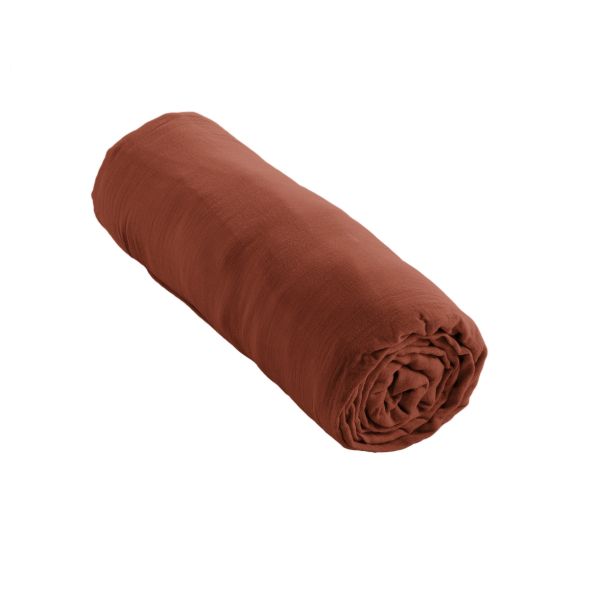 Drap housse 200x200 cm Gaze de coton unie GAÏA Terracotta