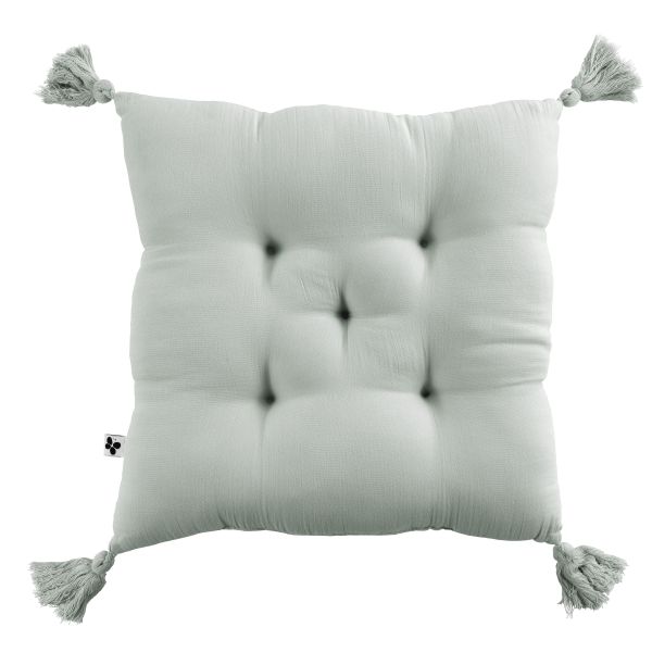 Coussin capitonné 5 points avec pompons 40x40 cm Gaze de coton unie GAÏA Eucalyptus