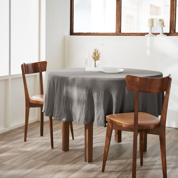 Nappe ronde 180 cm Gaze de coton unie GAÏA Granit