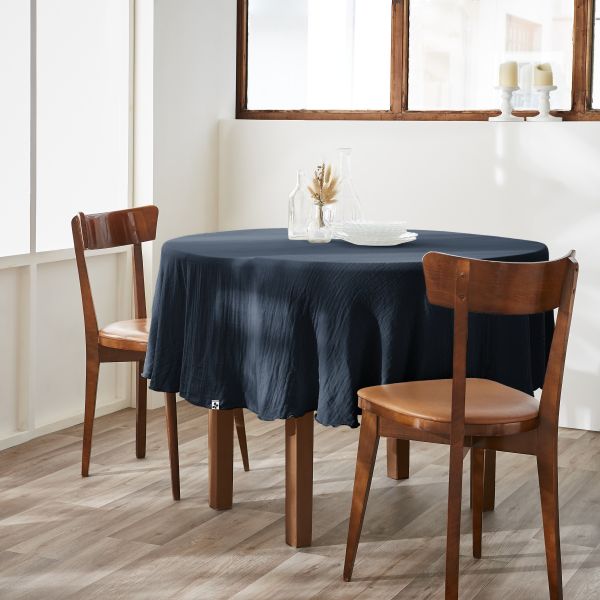 Nappe ronde 180 cm Gaze de coton unie GAÏA Minuit