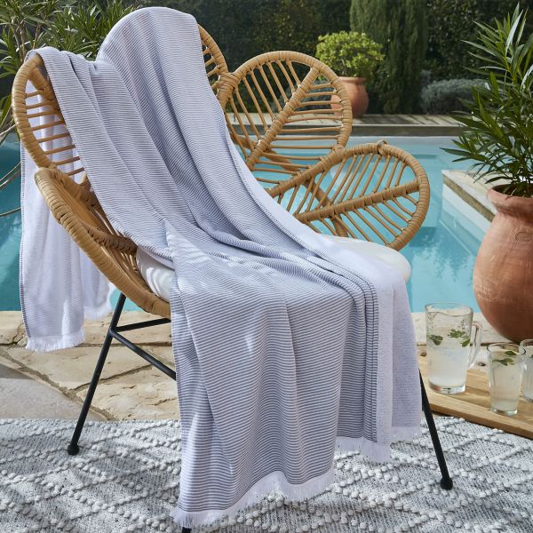 Fouta avec franges 95x180 cm Coton tissé teint + éponge NAËL Galet