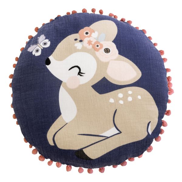 Coussin déhoussable avec pompons (0) 40 cm Gaze de coton imprimée FORÊT ENCHANTÉE