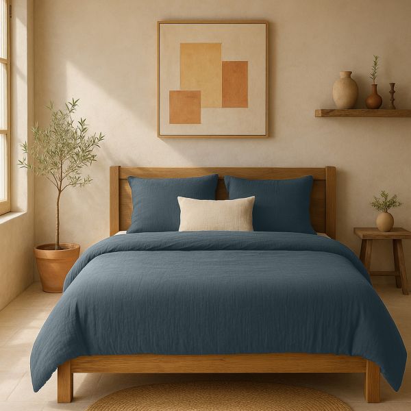 Housse de couette 220x240 cm Gaze de Coton Lavé Bleu Pétrole