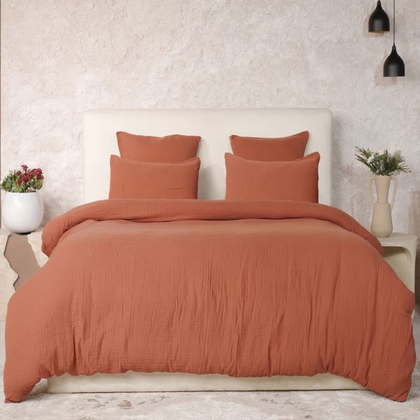 Parure de lit 240x260 cm Gaze de Coton Lavé Safran Minéral