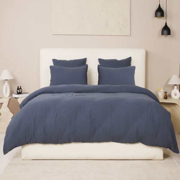 Parure de lit 240x260 cm Gaze de Coton Lavé Bleu Pétrole