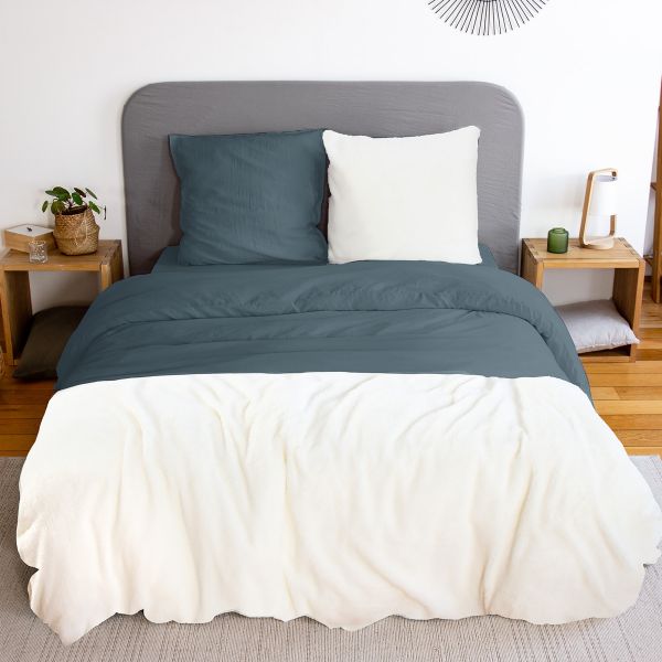 Parure de lit 220x240 cm Microfibre Lavé - Sherpa Bleu
