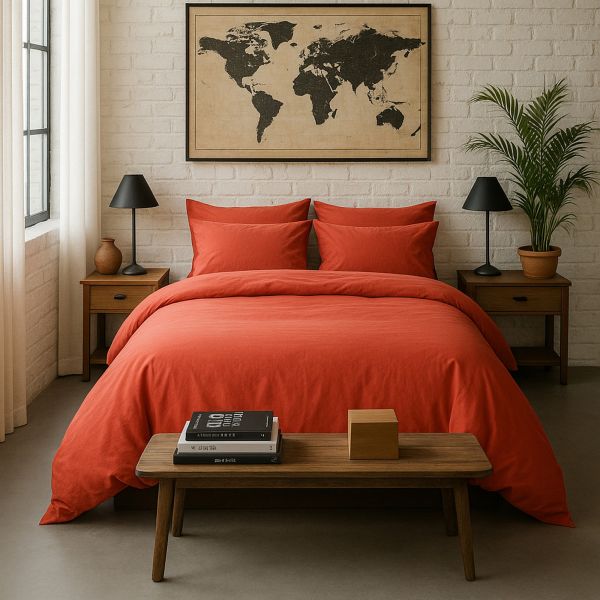 Housse de couette 240x260 cm Percale de Coton Lavé Terre De Sienne